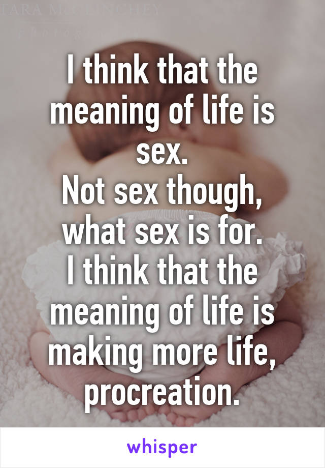 I think that the meaning of life is sex.
Not sex though, what sex is for.
I think that the meaning of life is making more life, procreation.