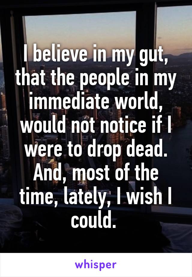 I believe in my gut, that the people in my immediate world, would not notice if I were to drop dead. And, most of the time, lately, I wish I could. 