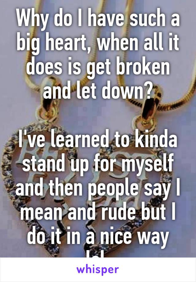 Why do I have such a big heart, when all it does is get broken and let down?

I've learned to kinda stand up for myself and then people say I mean and rude but I do it in a nice way lol.