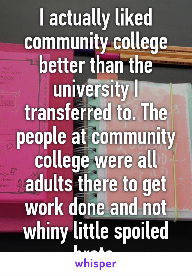 I actually liked community college better than the university I transferred to. The people at community college were all adults there to get work done and not whiny little spoiled brats.