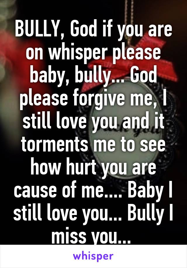 BULLY, God if you are on whisper please baby, bully... God please forgive me, I still love you and it torments me to see how hurt you are cause of me.... Baby I still love you... Bully I miss you... 