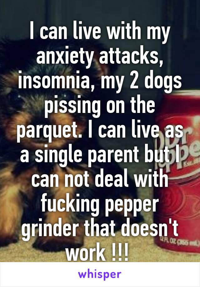 I can live with my anxiety attacks, insomnia, my 2 dogs pissing on the parquet. I can live as a single parent but I can not deal with fucking pepper grinder that doesn't work !!! 