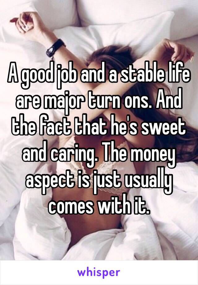 A good job and a stable life are major turn ons. And the fact that he's sweet and caring. The money aspect is just usually comes with it.