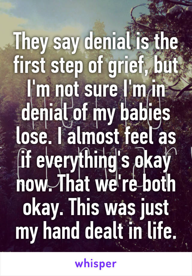 They say denial is the first step of grief, but I'm not sure I'm in denial of my babies lose. I almost feel as if everything's okay now. That we're both okay. This was just my hand dealt in life.