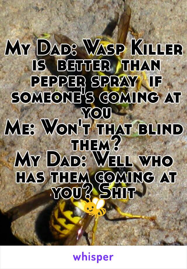 My Dad: Wasp Killer is  better  than pepper spray  if someone's coming at you
Me: Won't that blind them?
My Dad: Well who has them coming at you? Shit 
🐝