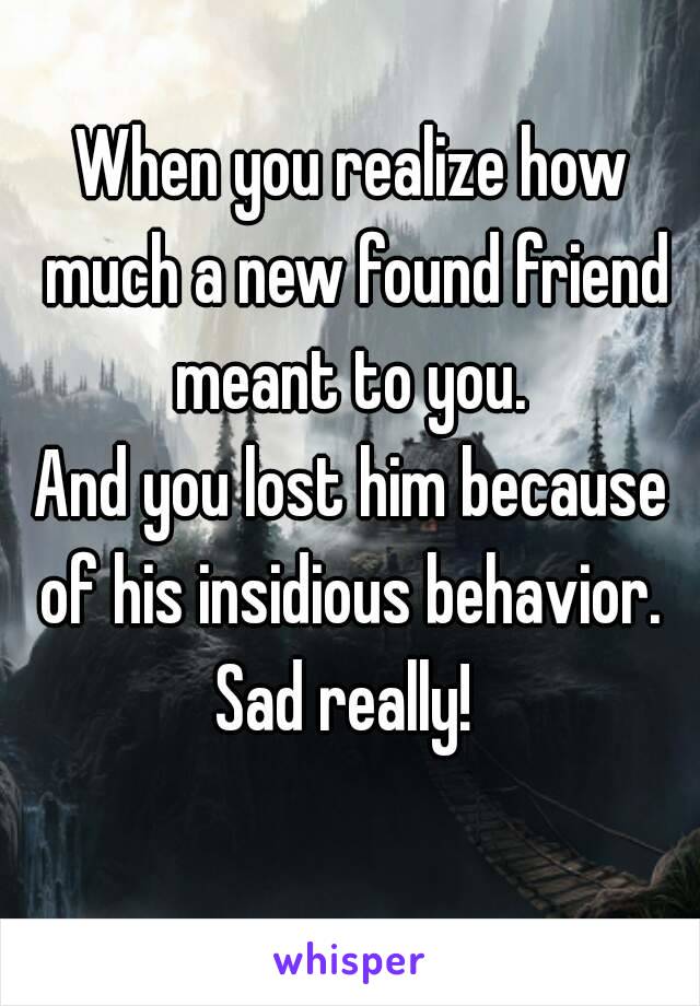 When you realize how much a new found friend meant to you. 
And you lost him because of his insidious behavior. 
Sad really! 