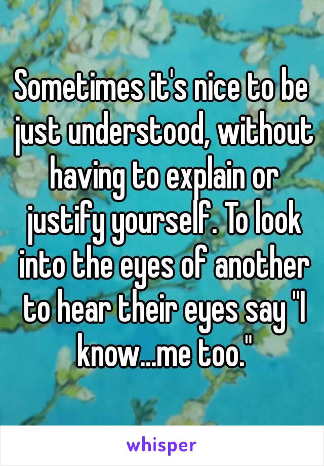 Sometimes it's nice to be just understood, without having to explain or justify yourself. To look into the eyes of another to hear their eyes say "I know...me too."