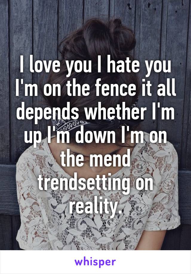 I love you I hate you I'm on the fence it all depends whether I'm up I'm down I'm on the mend trendsetting on reality.