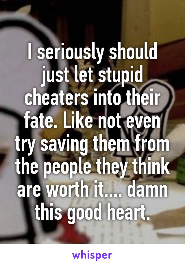 I seriously should just let stupid cheaters into their fate. Like not even try saving them from the people they think are worth it.... damn this good heart.