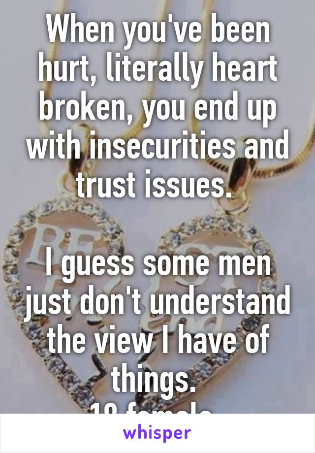 When you've been hurt, literally heart broken, you end up with insecurities and trust issues. 

I guess some men just don't understand the view I have of things. 
18 female. 