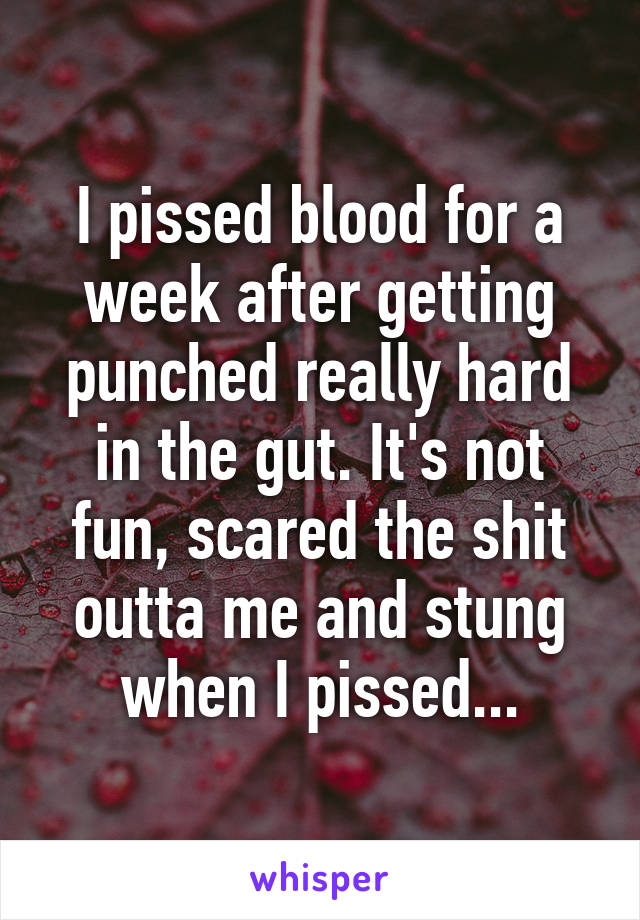 I pissed blood for a week after getting punched really hard in the gut. It's not fun, scared the shit outta me and stung when I pissed...