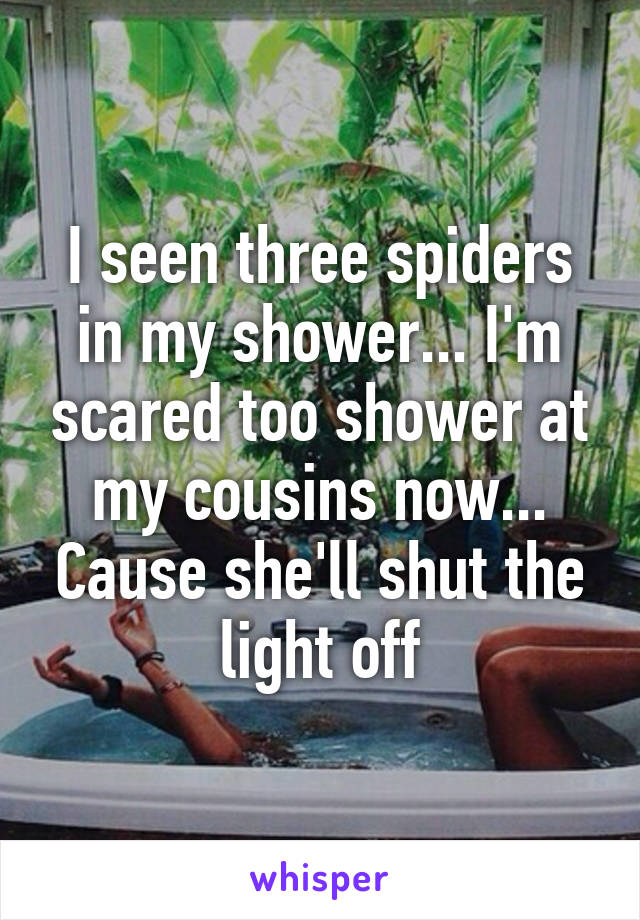 I seen three spiders in my shower... I'm scared too shower at my cousins now... Cause she'll shut the light off