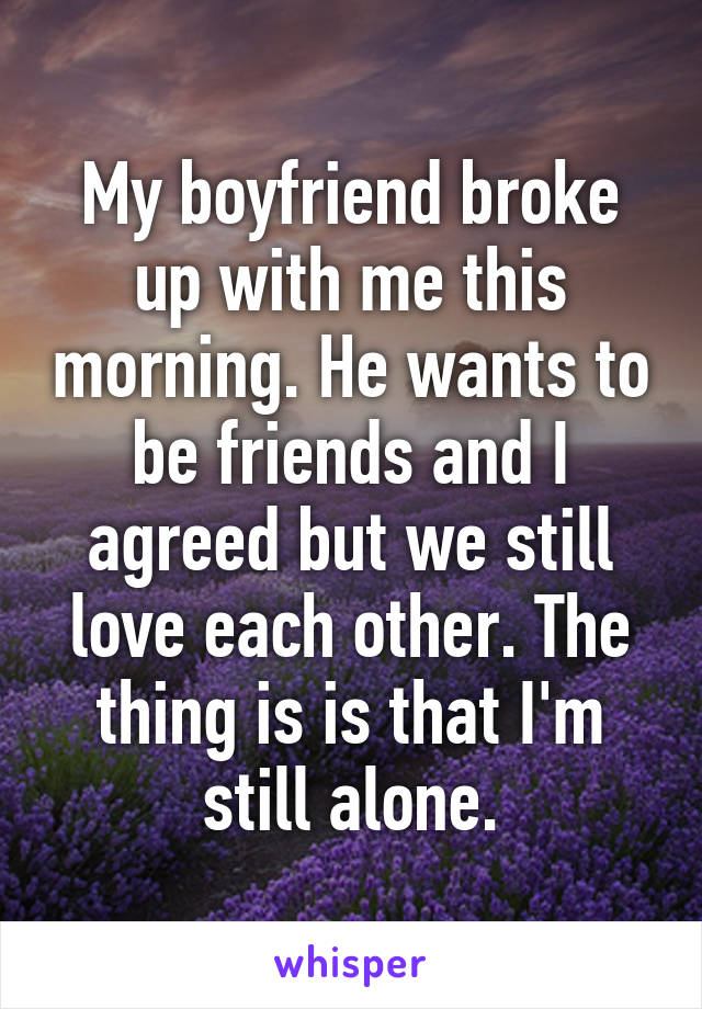 My boyfriend broke up with me this morning. He wants to be friends and I agreed but we still love each other. The thing is is that I'm still alone.