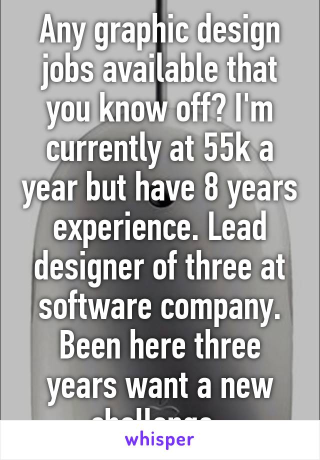 Any graphic design jobs available that you know off? I'm currently at 55k a year but have 8 years experience. Lead designer of three at software company. Been here three years want a new challenge. 