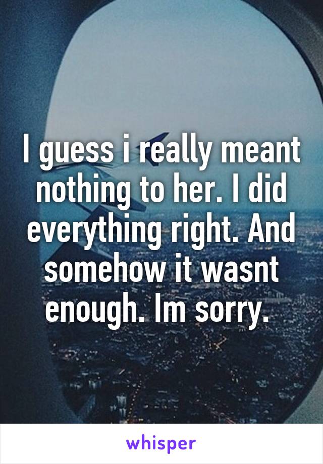 I guess i really meant nothing to her. I did everything right. And somehow it wasnt enough. Im sorry. 