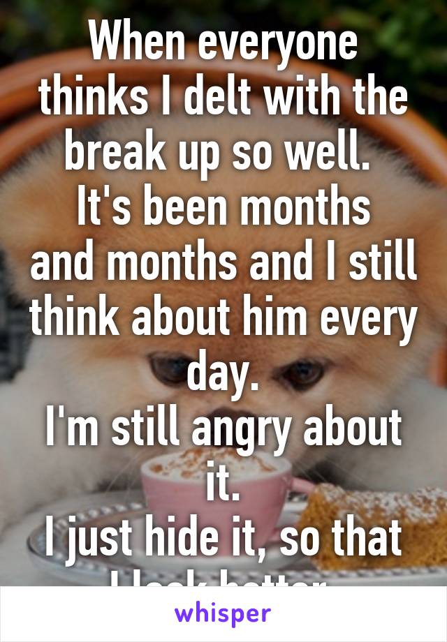 When everyone thinks I delt with the break up so well. 
It's been months and months and I still think about him every day.
I'm still angry about it.
I just hide it, so that I look better.