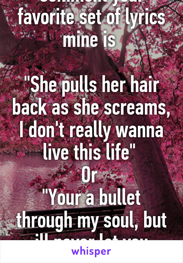 Comment your favorite set of lyrics mine is 

"She pulls her hair back as she screams, I don't really wanna live this life" 
Or 
"Your a bullet through my soul, but ill never let you know"