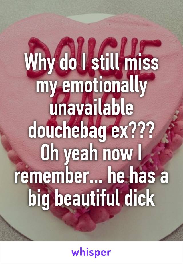 Why do I still miss my emotionally unavailable douchebag ex???
Oh yeah now I remember... he has a big beautiful dick