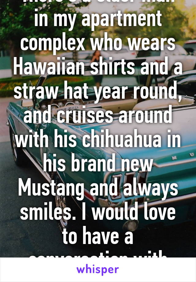 There's a older man in my apartment complex who wears Hawaiian shirts and a straw hat year round, and cruises around with his chihuahua in his brand new Mustang and always smiles. I would love to have a conversation with him.