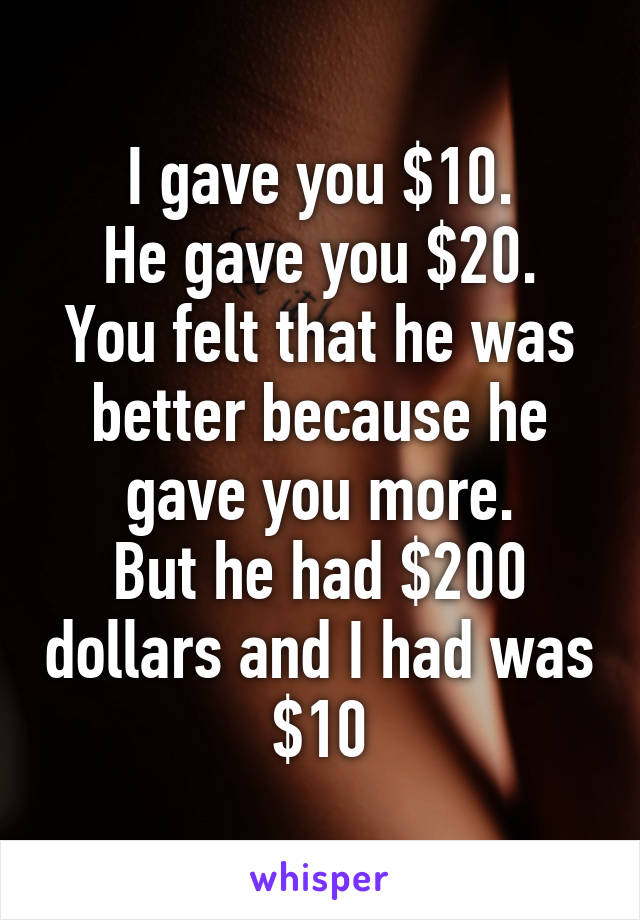 I gave you $10.
He gave you $20.
You felt that he was better because he gave you more.
But he had $200 dollars and I had was $10