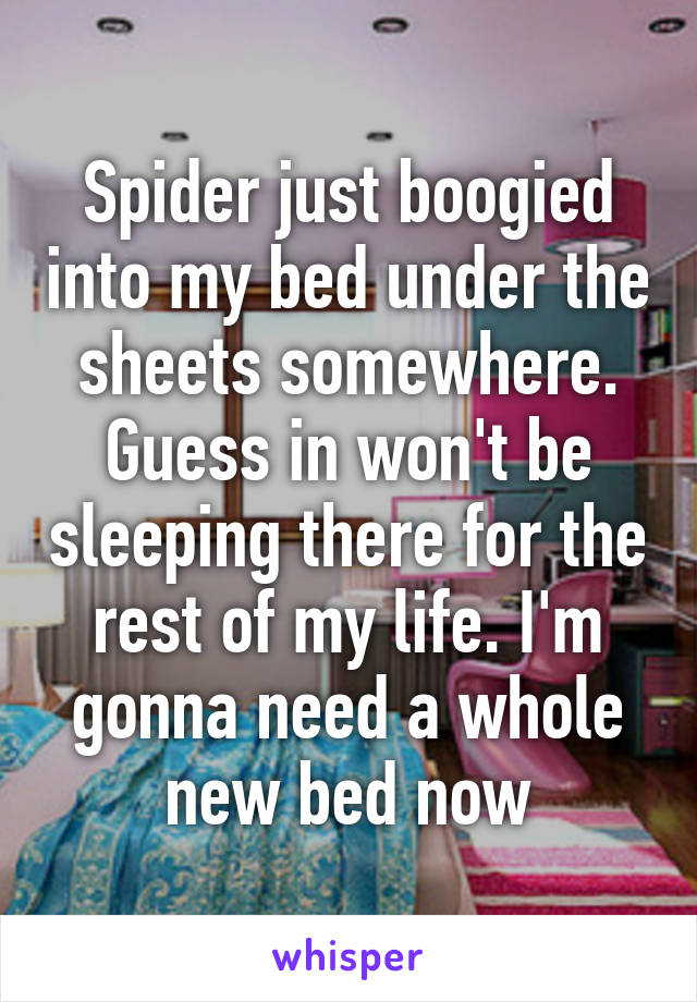 Spider just boogied into my bed under the sheets somewhere. Guess in won't be sleeping there for the rest of my life. I'm gonna need a whole new bed now