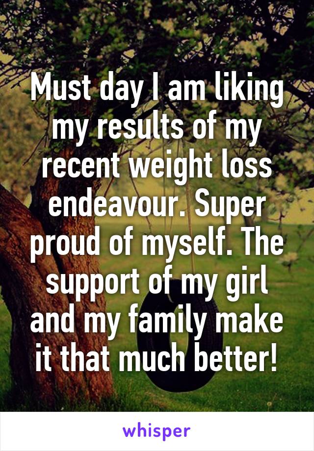 Must day I am liking my results of my recent weight loss endeavour. Super proud of myself. The support of my girl and my family make it that much better!