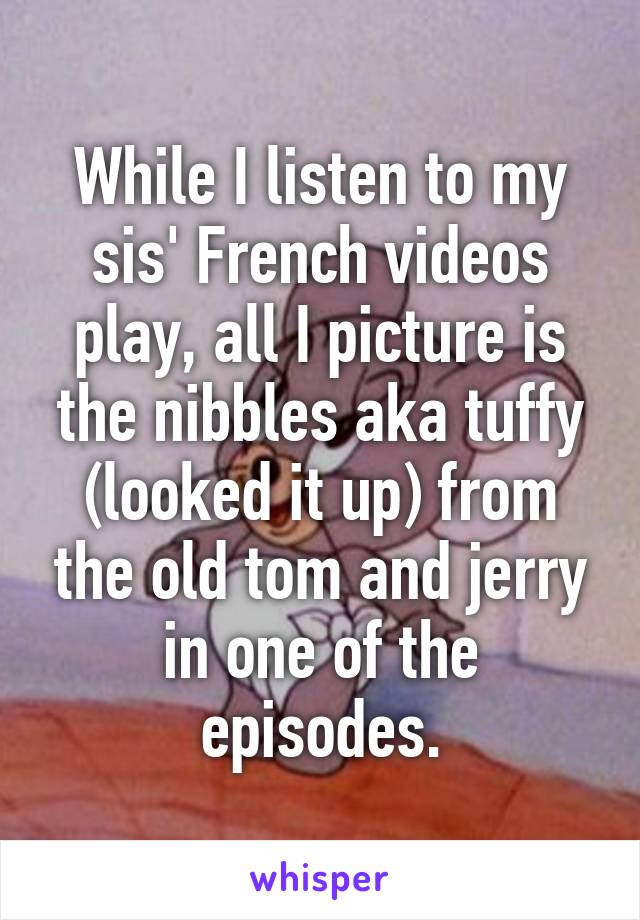 While I listen to my sis' French videos play, all I picture is the nibbles aka tuffy (looked it up) from the old tom and jerry in one of the episodes.