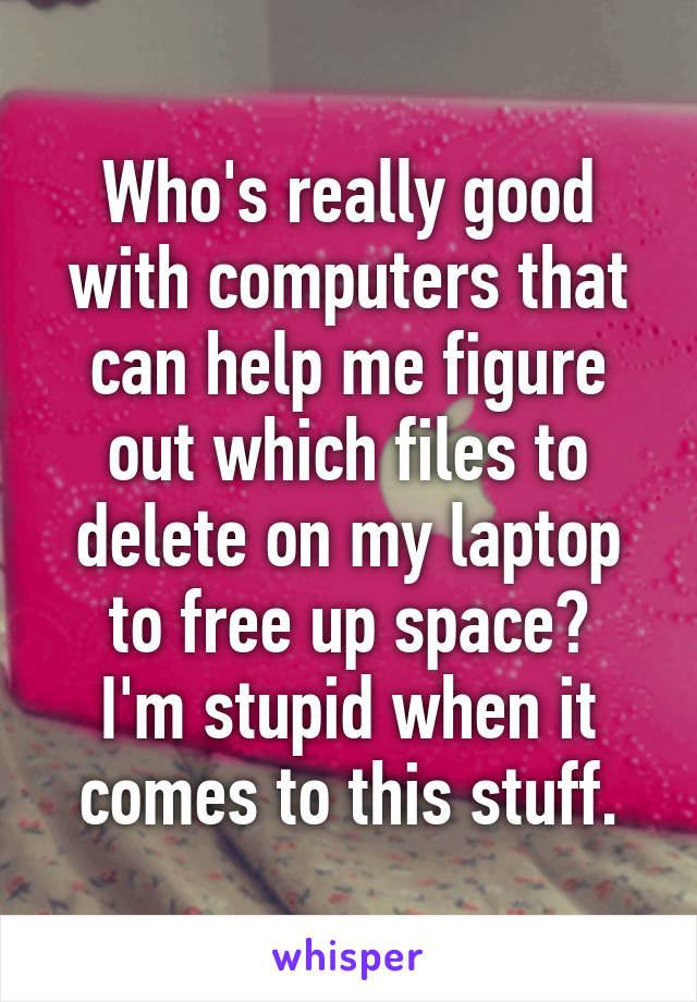 Who's really good with computers that can help me figure out which files to delete on my laptop to free up space?
I'm stupid when it comes to this stuff.