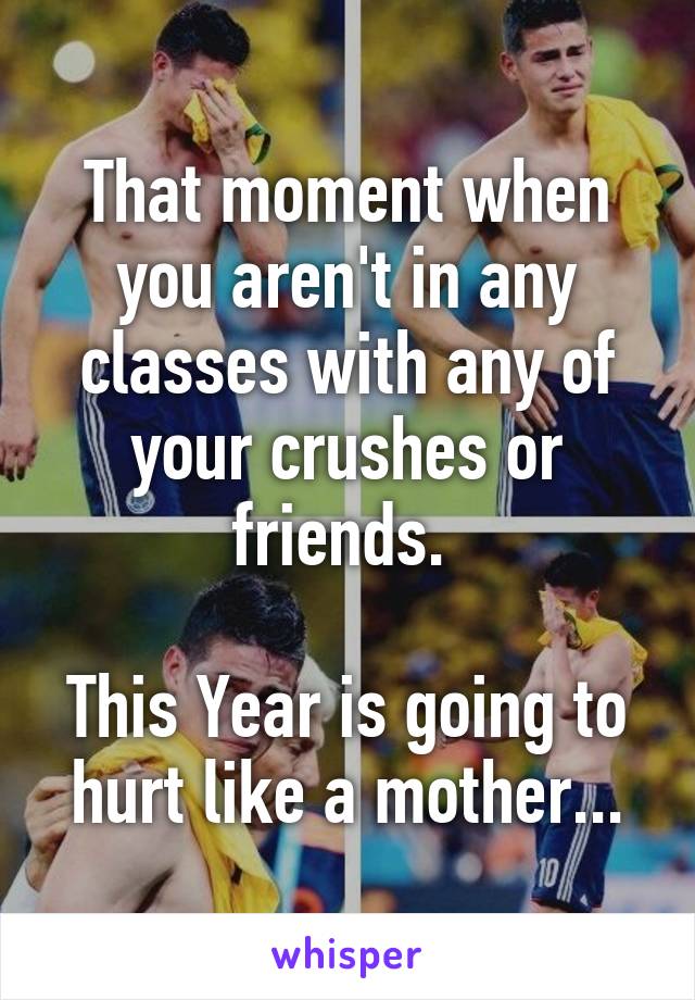 That moment when you aren't in any classes with any of your crushes or friends. 

This Year is going to hurt like a mother...