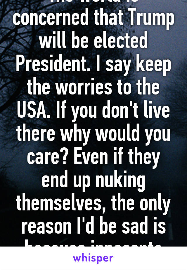 The world is concerned that Trump will be elected President. I say keep the worries to the USA. If you don't live there why would you care? Even if they end up nuking themselves, the only reason I'd be sad is because innocents would die 