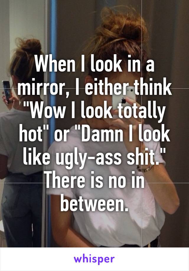 When I look in a mirror, I either think "Wow I look totally hot" or "Damn I look like ugly-ass shit." There is no in between.