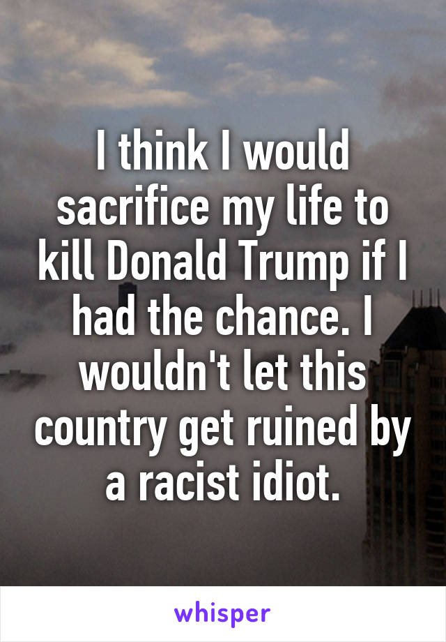 I think I would sacrifice my life to kill Donald Trump if I had the chance. I wouldn't let this country get ruined by a racist idiot.