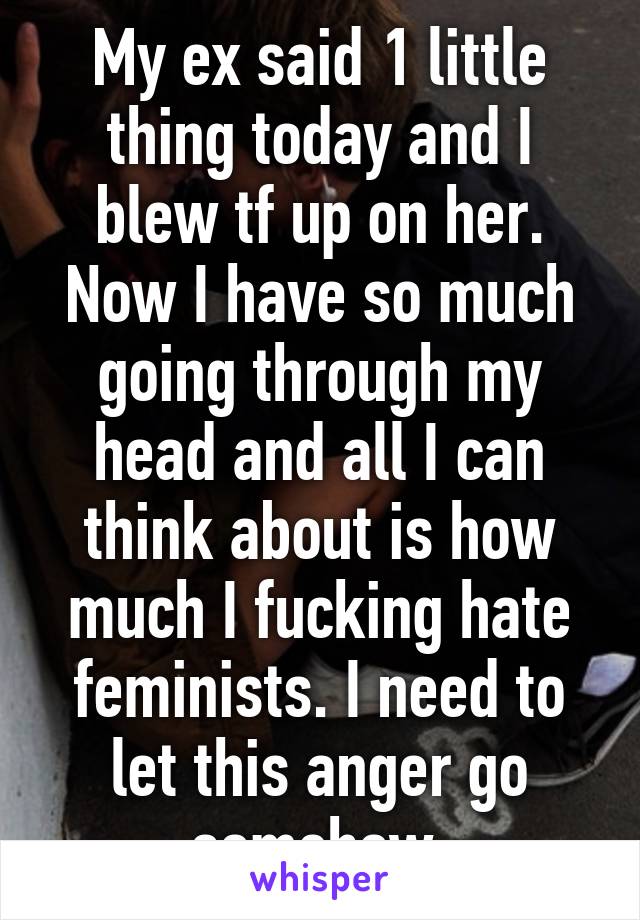 My ex said 1 little thing today and I blew tf up on her. Now I have so much going through my head and all I can think about is how much I fucking hate feminists. I need to let this anger go somehow 