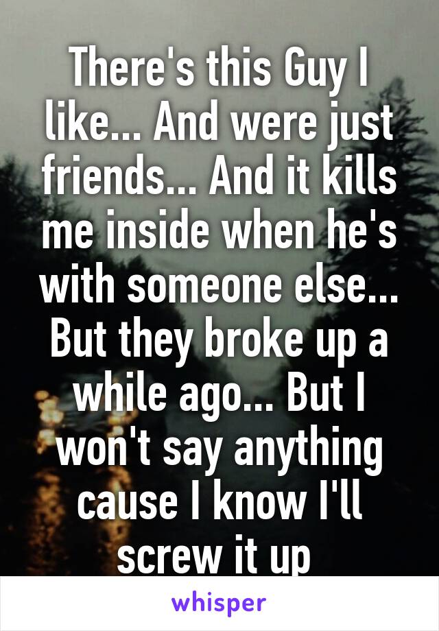 There's this Guy I like... And were just friends... And it kills me inside when he's with someone else... But they broke up a while ago... But I won't say anything cause I know I'll screw it up 