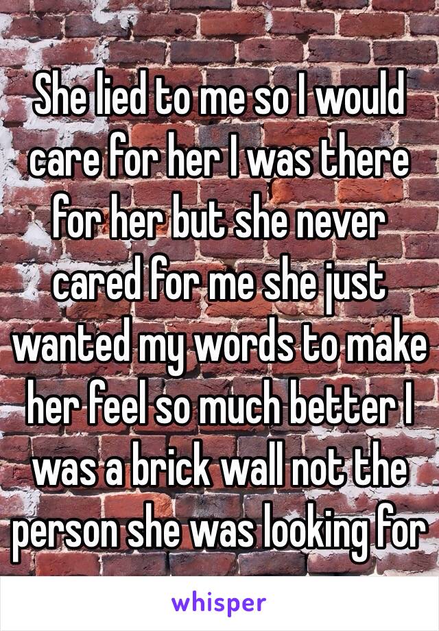 She lied to me so I would care for her I was there for her but she never cared for me she just wanted my words to make her feel so much better I was a brick wall not the person she was looking for