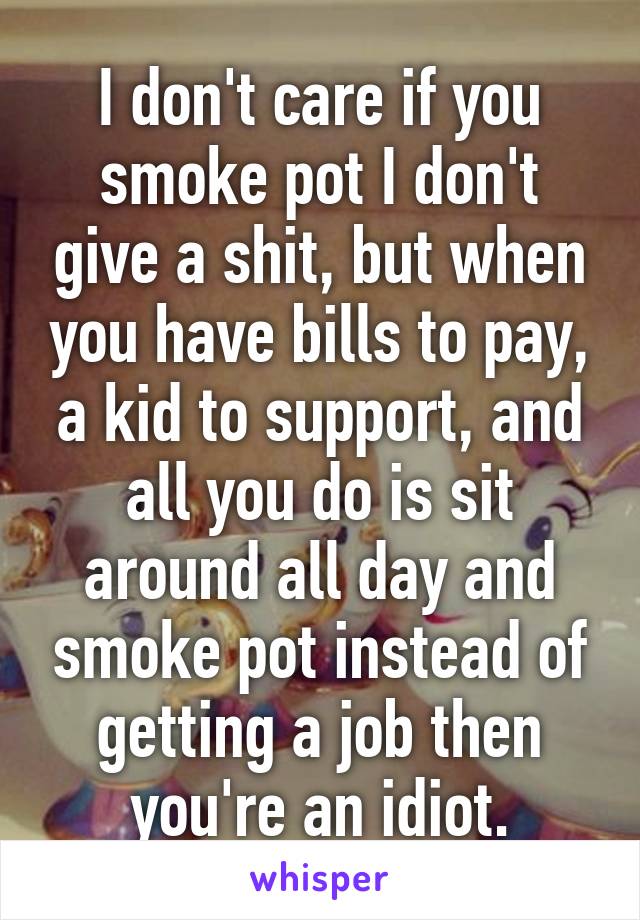 I don't care if you smoke pot I don't give a shit, but when you have bills to pay, a kid to support, and all you do is sit around all day and smoke pot instead of getting a job then you're an idiot.