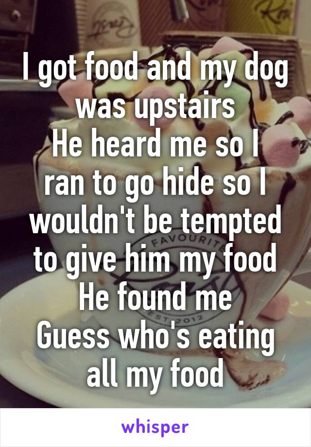 I got food and my dog was upstairs
He heard me so I ran to go hide so I wouldn't be tempted to give him my food
He found me
Guess who's eating all my food