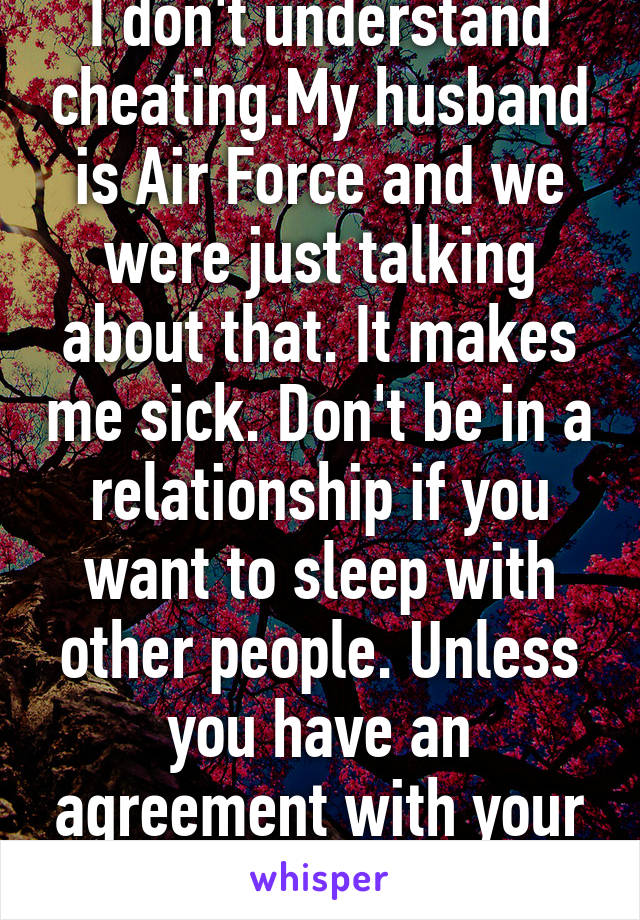 I don't understand cheating.My husband is Air Force and we were just talking about that. It makes me sick. Don't be in a relationship if you want to sleep with other people. Unless you have an agreement with your person