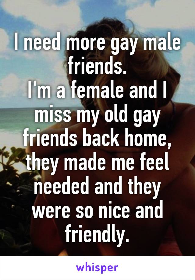 I need more gay male friends.
I'm a female and I miss my old gay friends back home, they made me feel needed and they were so nice and friendly.