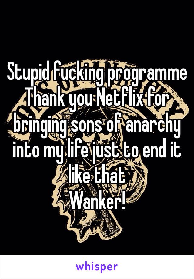 Stupid fucking programme
Thank you Netflix for bringing sons of anarchy into my life just to end it like that
Wanker!