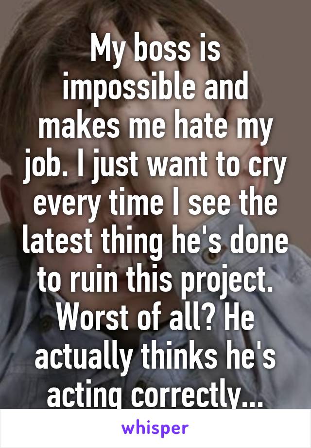 My boss is impossible and makes me hate my job. I just want to cry every time I see the latest thing he's done to ruin this project. Worst of all? He actually thinks he's acting correctly...