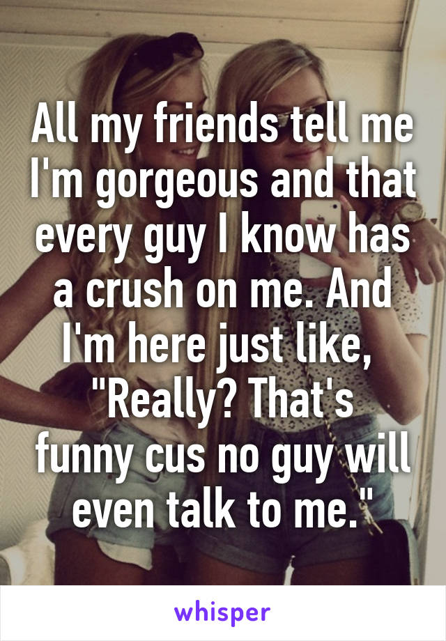 All my friends tell me I'm gorgeous and that every guy I know has a crush on me. And I'm here just like, 
"Really? That's funny cus no guy will even talk to me."