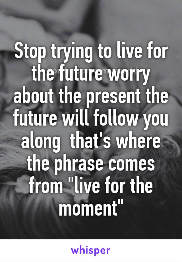 Stop trying to live for the future worry about the present the future will follow you along  that's where the phrase comes from "live for the moment"