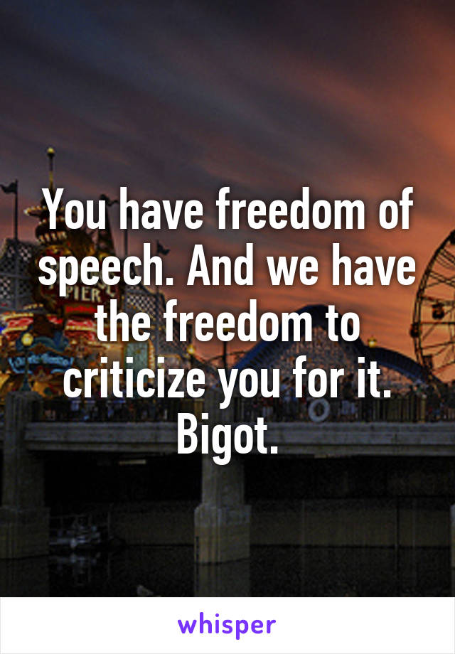 You have freedom of speech. And we have the freedom to criticize you for it.
Bigot.