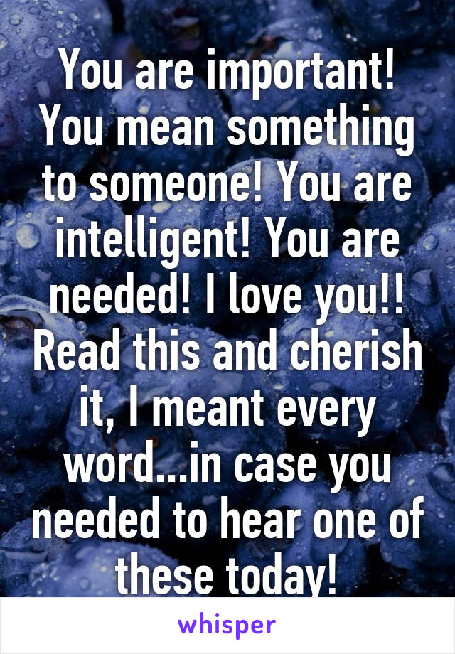 You are important! You mean something to someone! You are intelligent! You are needed! I love you!! Read this and cherish it, I meant every word...in case you needed to hear one of these today!