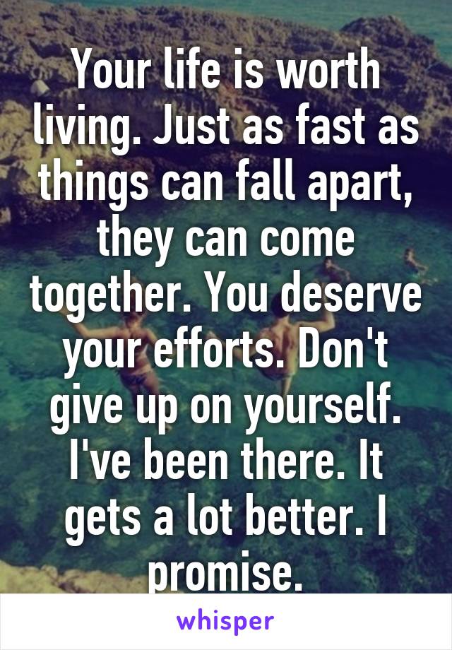 Your life is worth living. Just as fast as things can fall apart, they can come together. You deserve your efforts. Don't give up on yourself. I've been there. It gets a lot better. I promise.