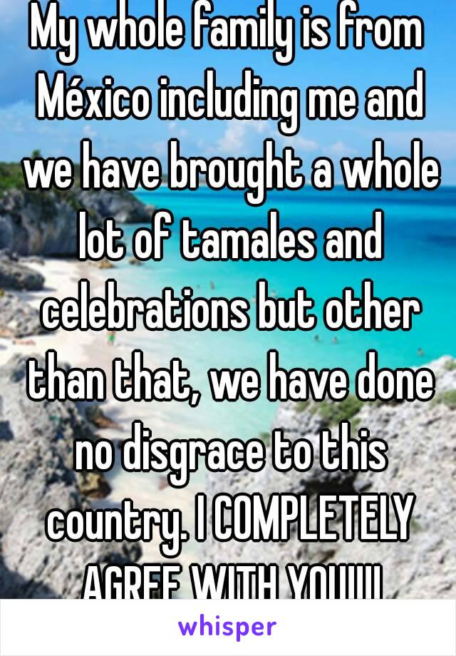 My whole family is from México including me and we have brought a whole lot of tamales and celebrations but other than that, we have done no disgrace to this country. I COMPLETELY AGREE WITH YOU!!!!