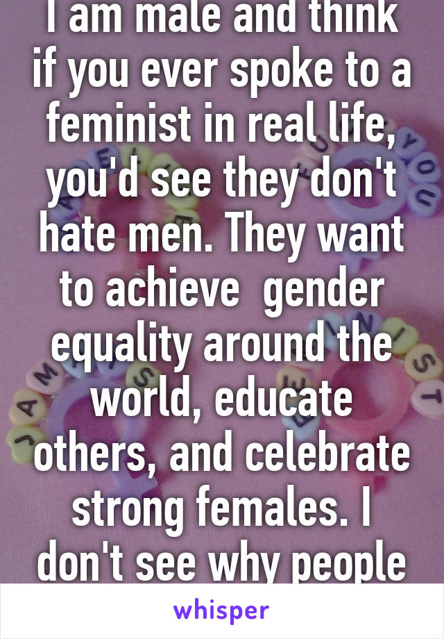 I am male and think if you ever spoke to a feminist in real life, you'd see they don't hate men. They want to achieve  gender equality around the world, educate others, and celebrate strong females. I don't see why people demonize that