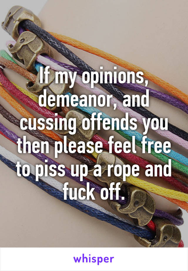 If my opinions, demeanor, and cussing offends you then please feel free to piss up a rope and fuck off.