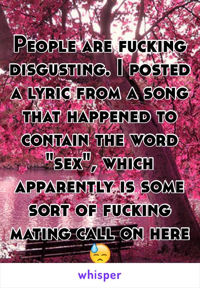 People are fucking disgusting. I posted a lyric from a song that happened to contain the word "sex", which apparently is some sort of fucking mating call on here 😓